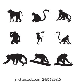 White background monkey silhouette vector art, nice, re-editable