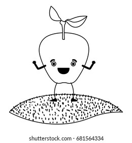 white background of monochrome apple fruit caricature over grass vector illustration