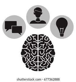 white background with monochrome brain human with circular frames elements academic knowledge inside