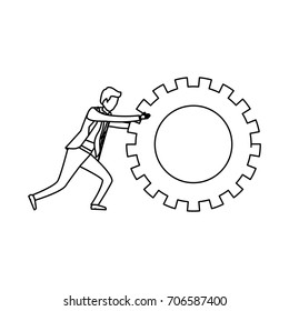 white background with monochrome businessman pushing a big gear cogwheel vector illustration