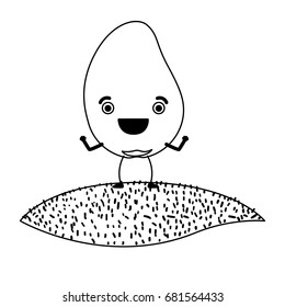 white background of monochrome caricature of mango fruit over grass vector illustration