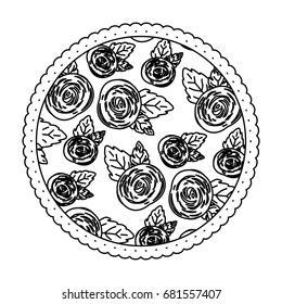 white background with monochrome circular frame with pattern of rose flowers vector illustration