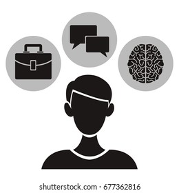 white background with monochrome half body person with circular frames elements academic knowledge inside