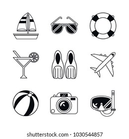 white background with monochrome icons beach vacation