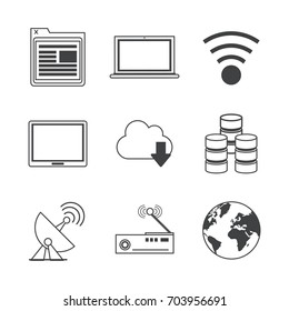 white background with monochrome icons of network broadcasting and storage