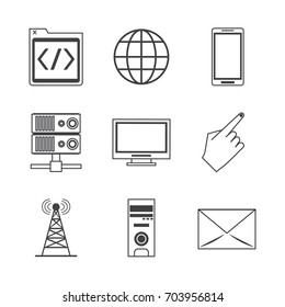 white background with monochrome icons of network broadcasting and tech devices