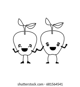 white background of monochrome pair of apple fruits caricature vector illustration