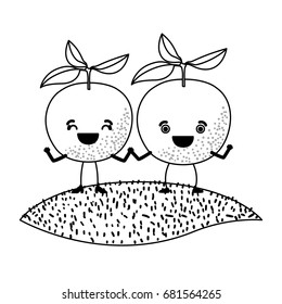 white background of monochrome pair of orange fruits caricature over grass vector illustration
