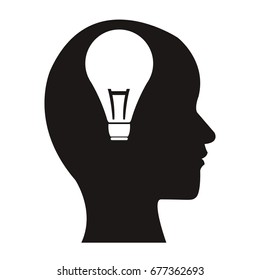 white background with monochrome profile head human with light bulb inside