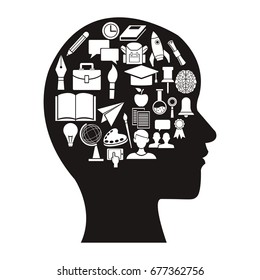 white background with monochrome profile head human with circular frame elements academic knowledge inside