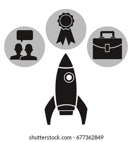 white background with monochrome rocket with circular frames elements academic knowledge inside