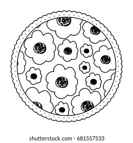 white background with monochrome round frame with pattern of flowers vector illustration