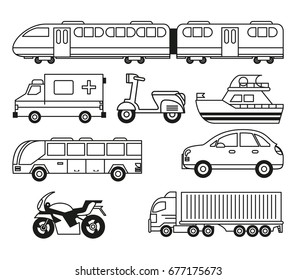 white background with monochrome set of vehicles of transport
