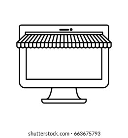 white background with monochrome silhouette desktop computer online store vector illustration