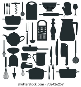 white background with monochrome silhouette different elements of kitchen