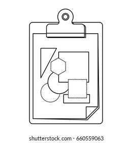 white background with monochrome silhouette of table notepad with sheet and geometric forms vector illustration