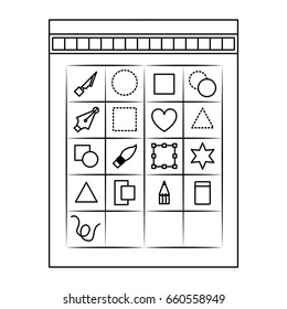 white background with monochrome silhouette of tool box for designer graphic vector illustration