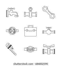 white background with monochrome silhouettes of plumbing tools