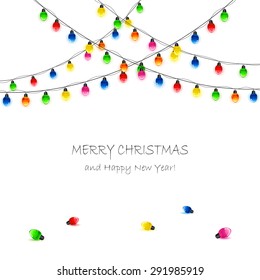 White background with multicolored Christmas lights, illustration.