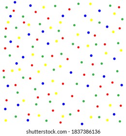 White background with multicolored circles, chaotic pattern. Blue, green, red, yellow colors. Poster, post, banner. Drawing for fabric, vector illustration.