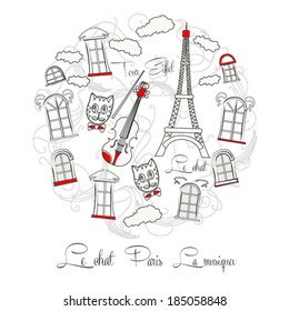 White Background with music and Tour Eiffel. Vector Illustration