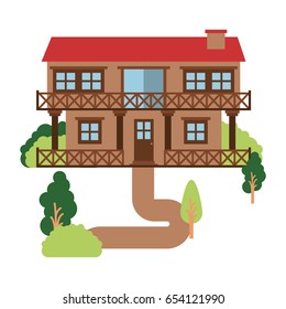white background with natural landscape country house of two floors with railing vector illustration