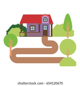 white background with natural landscape facade house with railing and attic vector illustration