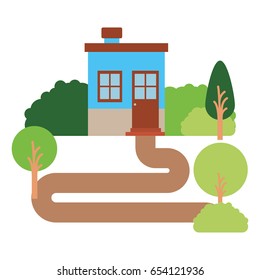 white background with natural landscape of small house with chimney vector illustration