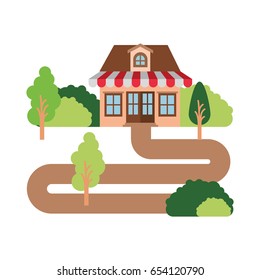 white background with natural landscape and store with awning and attic vector illustration