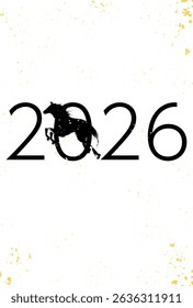 White background New Year's card template with black horse silhouette and gold foil style design for the year 2026, the year of the horse, Vector Illustration