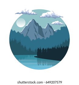white background with night landscape in round frame with mountains and river