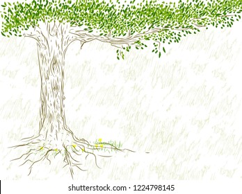 White background with oak. Oak-tree with green leaves and strokes. Poster for environment day.