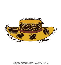 white background of old straw hat with thick contour vector illustration