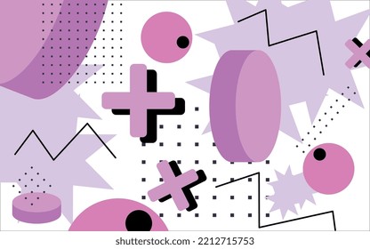 Fondo blanco en el que se representan varias figuras geométricas de color rosa con pequeños elementos decorativos
