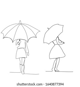 white background, one line drawing of a girl with an umbrella