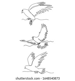 white background, one line drawing of a flock of birds flying