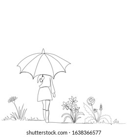 white background, one-line drawing of a girl with an umbrella