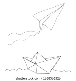 white background, one-line drawing of a paper airplane
