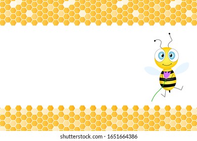 White background with orange gradient honeycomb shapes and bee. Vector illustration. Template design for invitation, poster, card, banner, social media, header. Copy space. Adorable cartoon character.