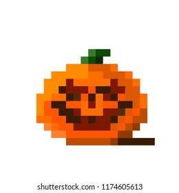 White background with orange pixel pumkin. Pixel art halloween pumpkin wit spooky face on white background.