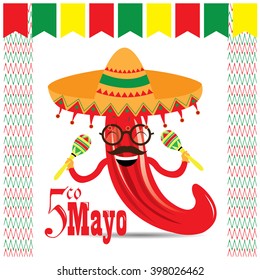 White background with ornaments and a pepper with shakers and a traditional hat. Cinco de Mayo background.