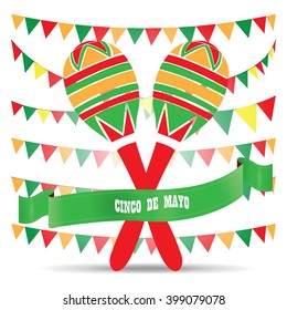 White background with ornaments, a ribbon with text and a pair of shakers