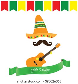 White background with ornaments, text, a guitar, a mustache and a traditional hat. Happy Cinco de Mayo background.