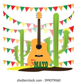 White background with ornaments, text, a pair of cactus and a guitar