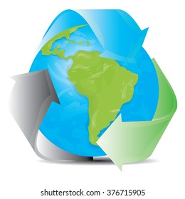 White background with our planet and a recyclable symbol