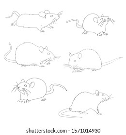white background, outline, sketch set of rat, mouse