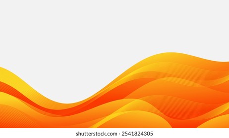 A white background with overlapping orange and yellow wavelike shapes, featuring thin yellow lines running horizontally across the image.
