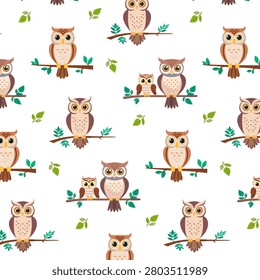White background with owls on branches.Vector seamless pattern with forest owls on tree branches.