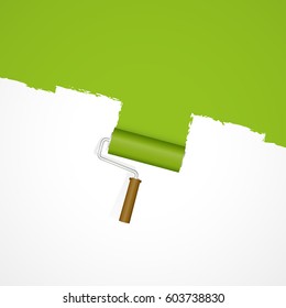 white background with paint roller painting fresh green color