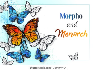 White background is painted blue and green with bright butterflies monarchs and morpho.